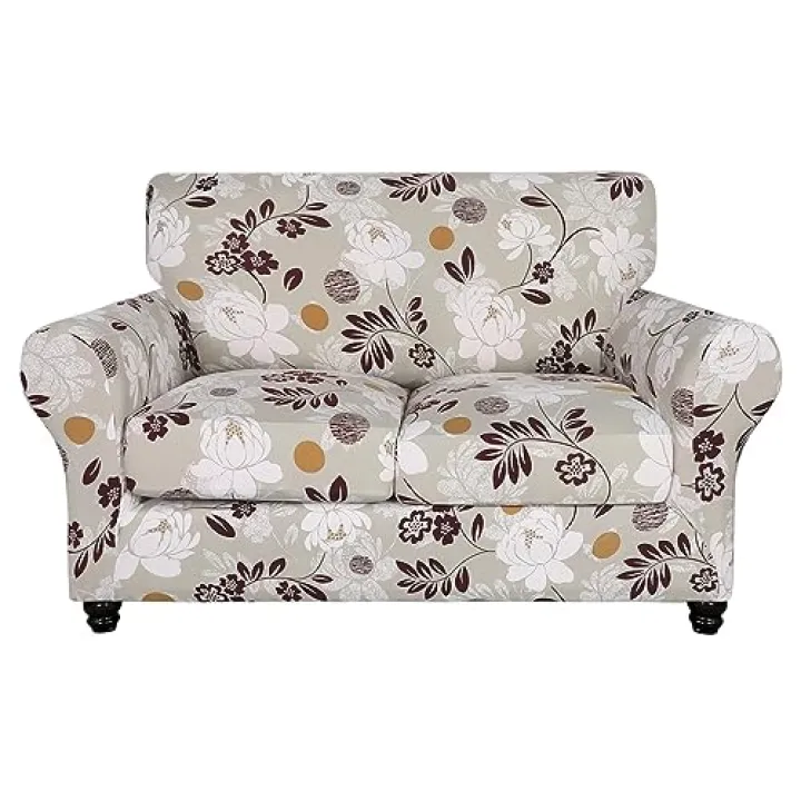 SearchI Stretch Sofa Cover Printed Couch Cover, Floral Pattern 3 Pieces Loveseat Slipcover with 2 Separate Cushion Cover, Washable Furniture Protector for Living Room(Loveseat, Brown Flowers)