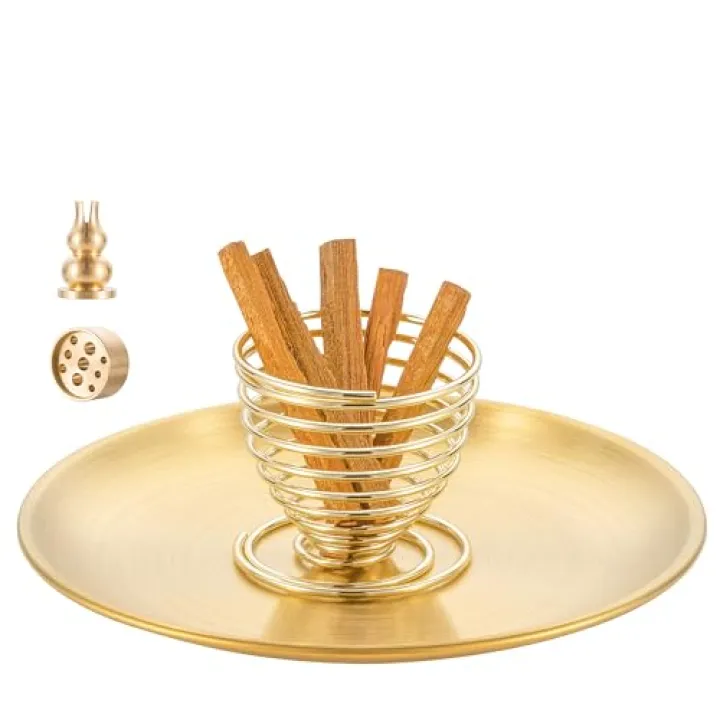 OSOPOLA 4 in 1 Incense Burner - 5.5 Inch Brass Gourd-Shaped Incense Holder for Sticks/Cones/Coils - Multi-Functional Metal Ash Catcher for Meditation, Yoga, Home Decor