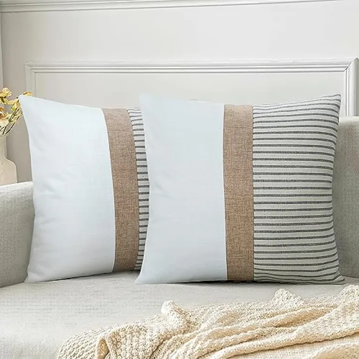 JASEN Farmhouse Pillow Covers 18x18, Modern Accent Square Throw Pillow Covers Set of 2, Grey and Beige Striped Patchwork Decorative Pillow Case for Sofa Couch Chair Bedroom