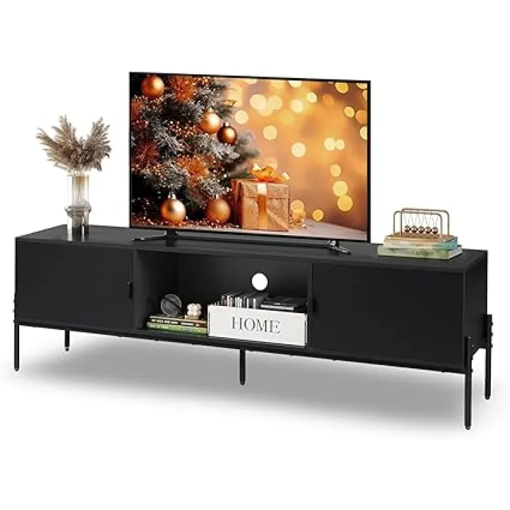 WLIVE Modern TV Stand for 65 Inch TV, Mid Century Entainment Center with Storage, TV Console with Open Shelf and 2 Cabinets for Bedroom and Living Room, TV Cabinet with Metal Legs, Black