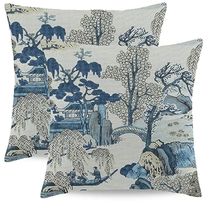 Wsunsal Chinoiserie Pillow Covers 18x18 Inch Set of 2, Asian Scenic Blue and Beige Throw Pillows Farmhouse Chinoiserie Decorative Pillowcase Linen Cushion Cover for Home Sofa Bedroom Outdoor