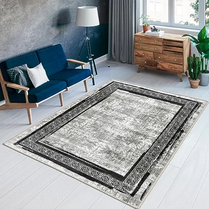 HomeNette Washable Area Rugs, Runner Rug with Non Slip Backing, Stain Resistant, Foldable, Boho Machine Washable Carpet Mat for Kitchen, Bathroom, Bedroom or Living Room 60x200 | 092 - Grey - 5' x 7'