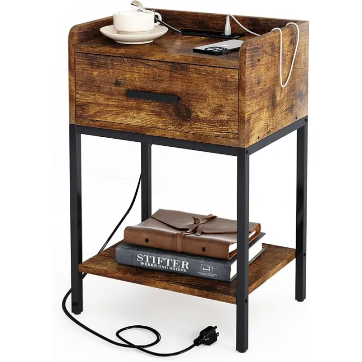 Fixwal Nightstand with Charging Station, Bedside Table with Universal Serial Bus Ports and Outlets for Bed, 3-Tier End Table with Drawer Storage for Living Room Bedroom, Rustic Brown