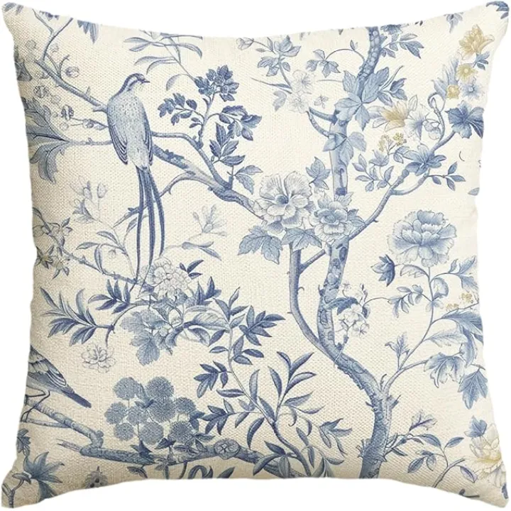 AVOIN colorlife Chinoiserie Trees Birds Blue and White Spring Throw Pillow Cover, 18 x 18 Inch Grandmillennial Cushion Case Decoration for Sofa Couch Farmhouse