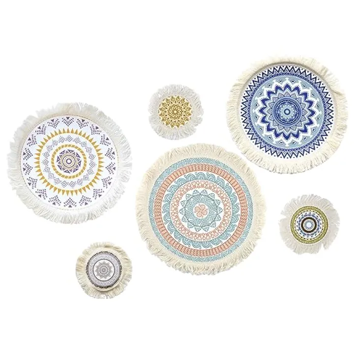 LELE LIFE Fabric Boho Wall Decor Set of 6, Flat Round Macrame Boho Wall Hanging, Mandala Wall Art for Bohemian Farmhouse Rustic Bedroom Living Room Wall Decor