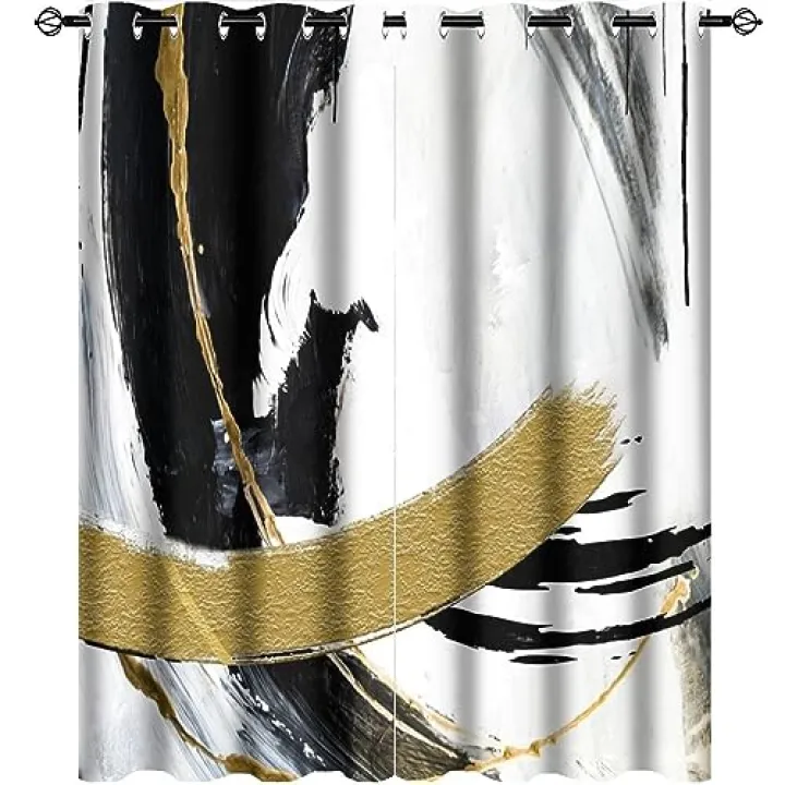 Black Gold Foil Marble Curtains Abstract Modern Oil Painting Art Watercolor Geometric Print Thermal Insulated Darkening Noise Reduction for Living Room Grommet Window Treatment 2 Panels 45" L x 21" W