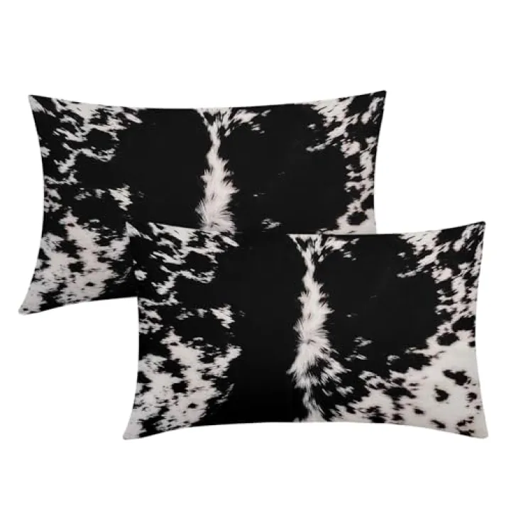 Western Cowhide Print Lumbar Pillow Covers 12X20 Inch Set of 2Black White Cow Spots Rectangular Pillow Cases Farmhouse Pillowcase Cotton Linen Cushion Case Rustic Home Decor For Couch Sofa Outdoor