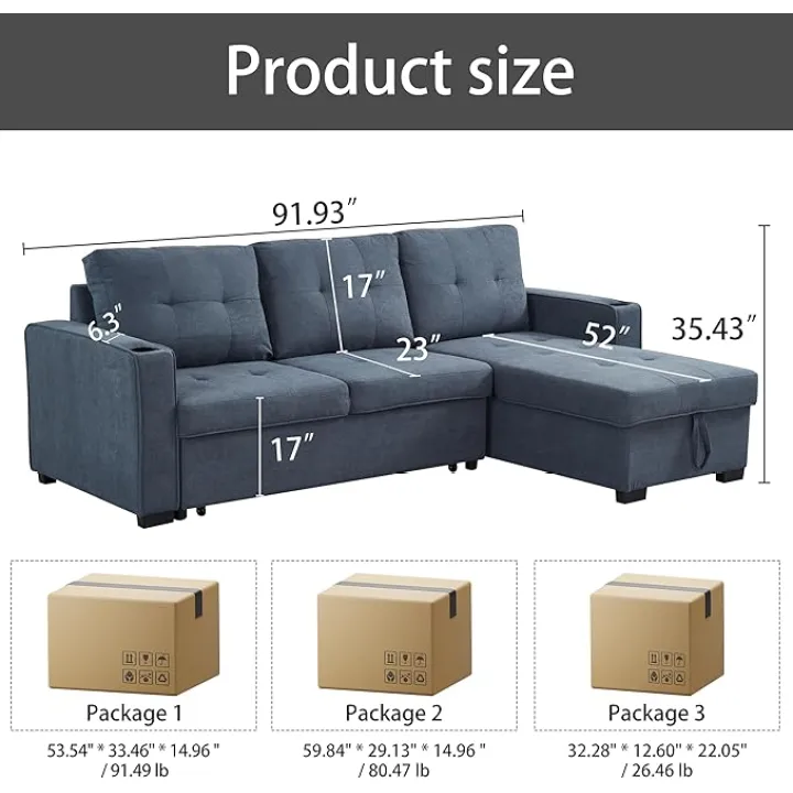 80" Pull Out Convertible Sofa Bed Couch for Living Room, L Shaped Sectional Sleeper Sofa with Storage Chaise, Linen Reversible Upholstered Sofa Bed for Small Space(Queen,Grey)