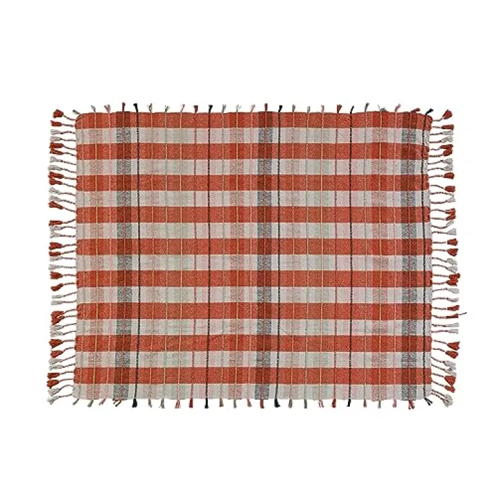Creative Co-Op Woven Recycled Cotton Blend Throw Blanket with Plaid Pattern and Braided Fringe, Multicolor