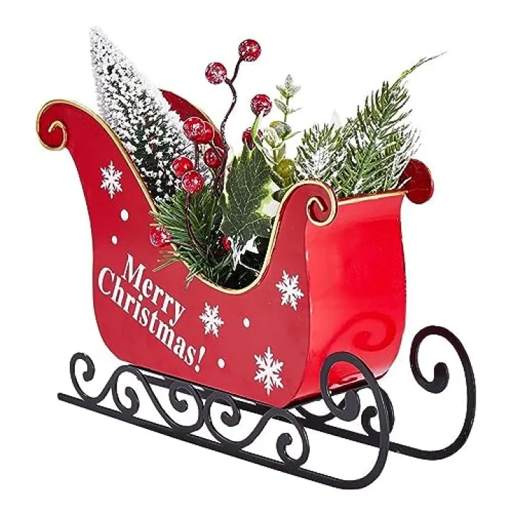 Christmas Santa Sleighs, Metal Sleigh Christmas Tree Pine Red Berry Grapevine Santa Sleigh Tabletop Ornament, Christmas Centerpiece Sleigh, Decorative Santa Sleigh Figurine for Xmas New Year(#1)