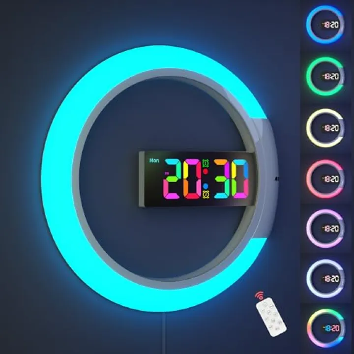 AGEK Large Digital Wall Clock, 12 inch Round LED Wall Clock with Remote Conrol RGB Night Light Temperature Week Dual Alarms Wall Digital Clock for Living Room Bedroom Home Office