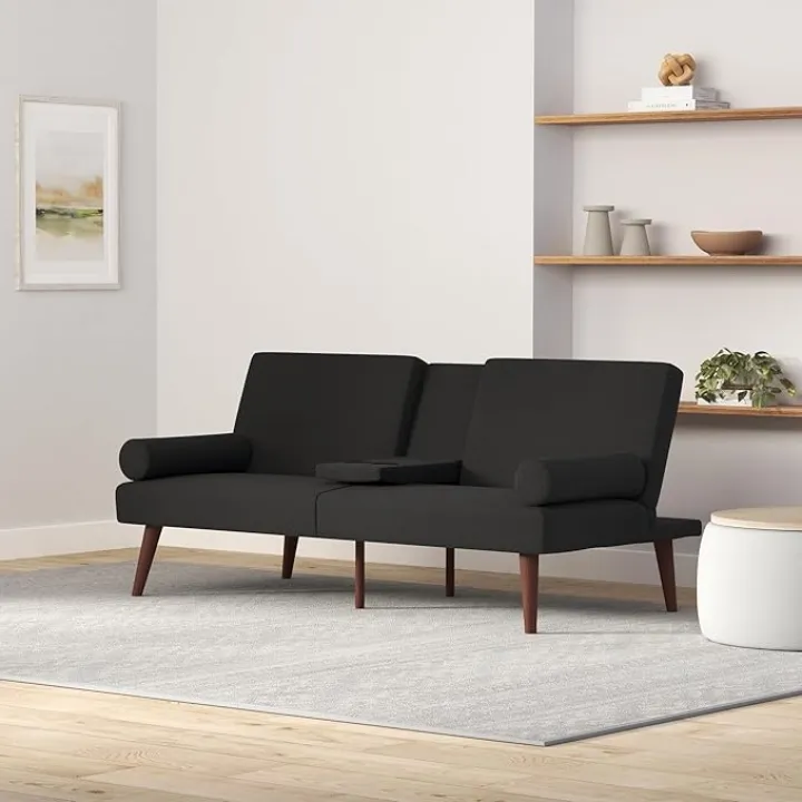 Best Choice Products Mid-Century Modern Upholstered Futon, Convertible Folding Sofa Bed, Small Couch w/Rounded Armrests, 2 Cupholders - Black