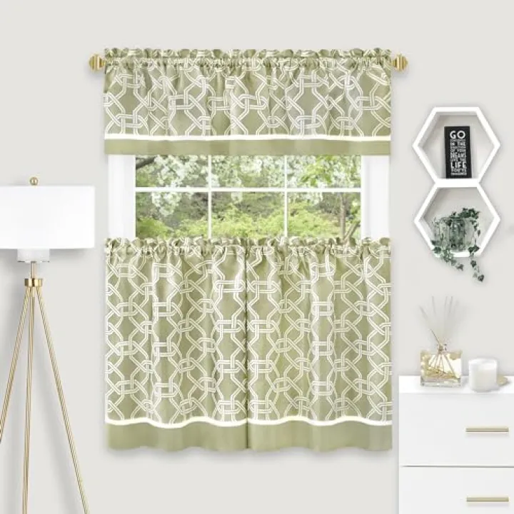 ACHIM Light Filtering Printed Tier & Valance Window Curtain Set - 58 x 36/58 x 13 - Arlington (Green) - Machine Washable Polyester Drape for Kitchen, Living, & Dining Room Home Décor
