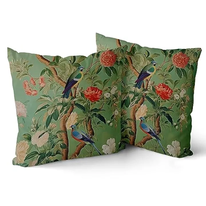 Green Chinoiserie Pillow Cover 20x20 Inch Vintage Bird Flower Throw Pillow Covers Farmhouse Floral Decorative Pillowcase Outdoor Cotton Square Cushion Cover for Couch Sofa Bedroom Decor (Pack of 2)