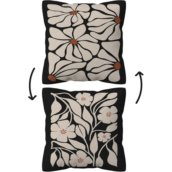 Boho Black Floral Reversible Pillow Covers - 18x18, Neutral Botanical Flowers Throw Pillow Covers for Home, Living Room, Bedroom - Gifts for Women, Girls