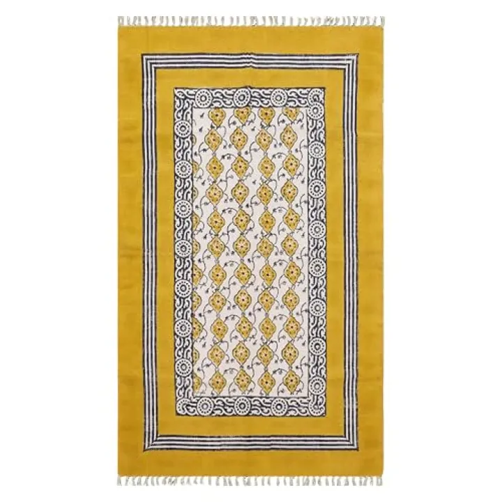 CASAVANI Flatweave Kilim Runner 2.6x4 Cotton Runner Floral Design Yellow Beige Hand Block Printed Cotton Rug Thick 0.19" Handmade Boho Indoor Outdoor Rugs for Kitchen Bedside Enterway Idea