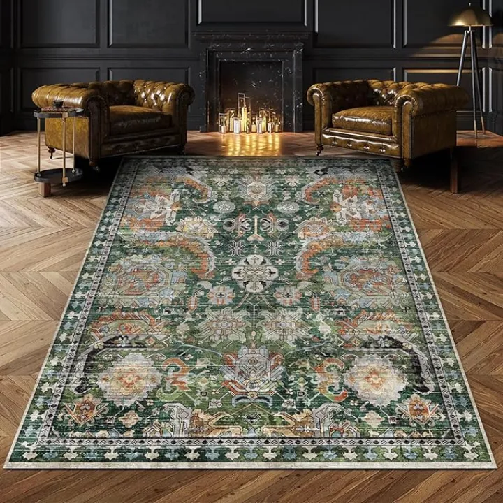 Washable Area Rugs - Perfect for Living Room, Bedroom, Kids Room, Nursery - Stain & Water Resistant Non-Slip, Pet & Child Friendly, Vintage Tribal Area Rugs (Green, 3' x 5 ')