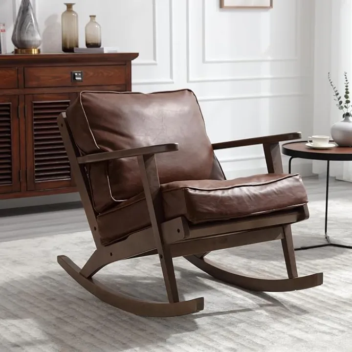 Upholstered Rocking Chair, Mid Century Modern Faux Leather Living Room Chair with Wood Frame Comfy Armchair for Lounge/Bedroom/Reception, Brown