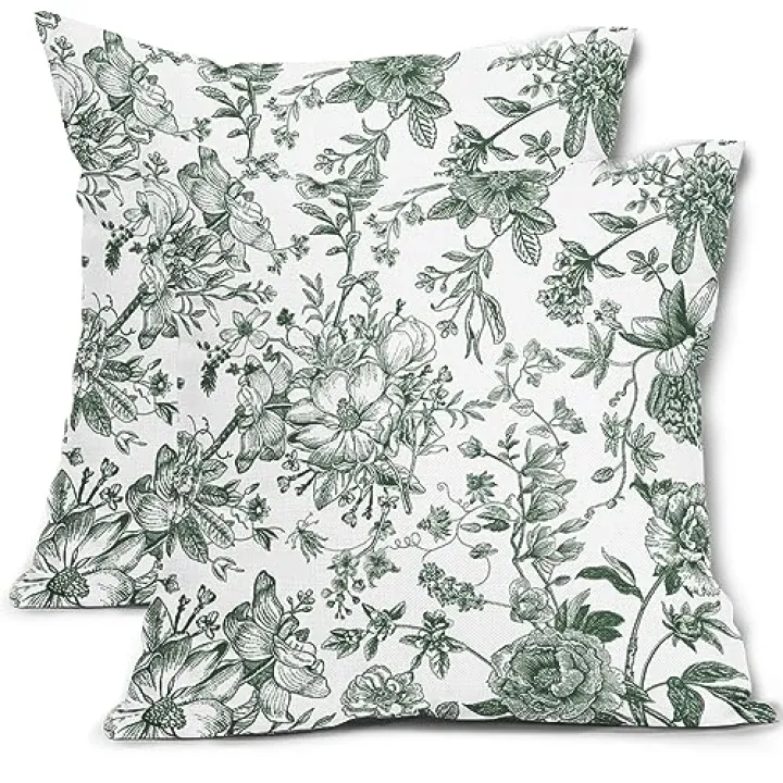 Green and White Pillow Covers 18x18 Inch Set of 2 Vintage Sage Green Flower Throw Pillow Covers Morden Floral Outdoor Pillowscase Cotton Linen Cushion Covers for Sofa Couch Bedroom Indoor Home Decor