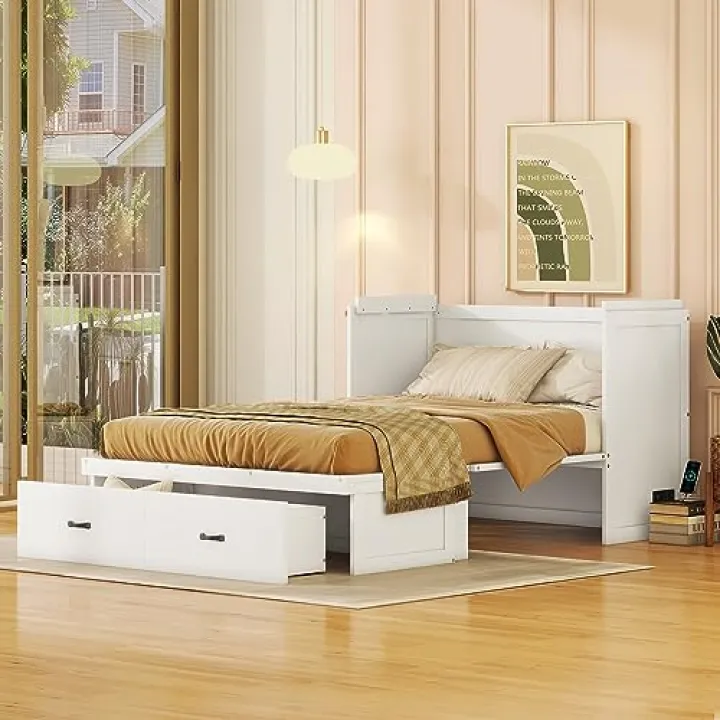 Harper & Bright Designs Full Size Murphy Bed, Full Murphy Cabinet Bed with USB Port and a Large Drawer, White