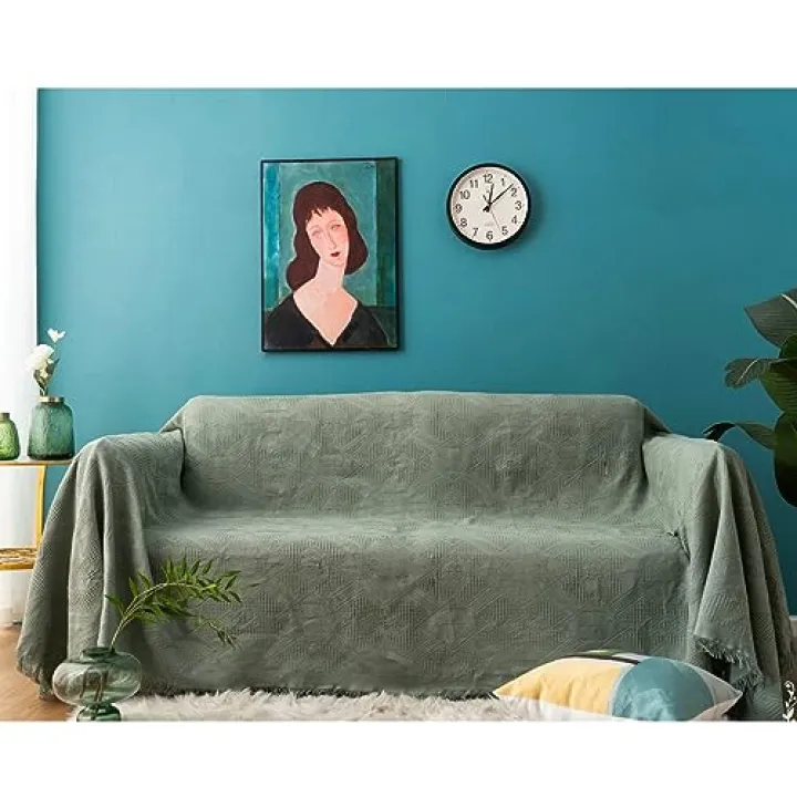 Mesnt Green Sofa Covers for 2 Cushion Couch, Polyester Solid Color Rhombus Textured Sofa Slipcovers for Pets Couch Protector, 91" W x 98" L