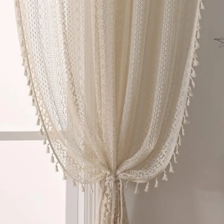 WAZZIO Cottage Style Sheer Curtains 72 Inches Long 2 Panel,Rod Pocket French Country Privacy Sheer Curtain Tassel Bohemian Short Curtains for Bedroom Living Room Kitchen - Beige