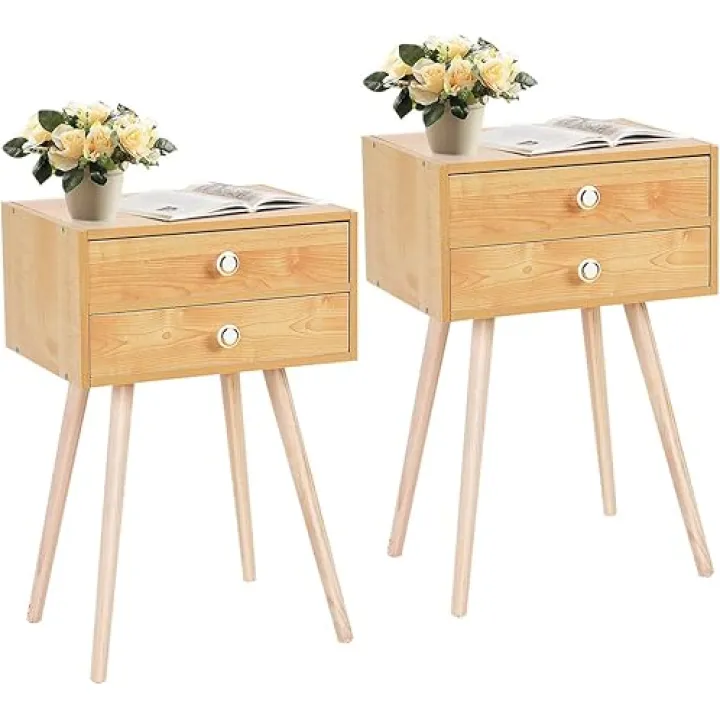 COSTWAY 2PC Mid Century Modern 2 Drawers Nightstand in Natural Sofa Side Table