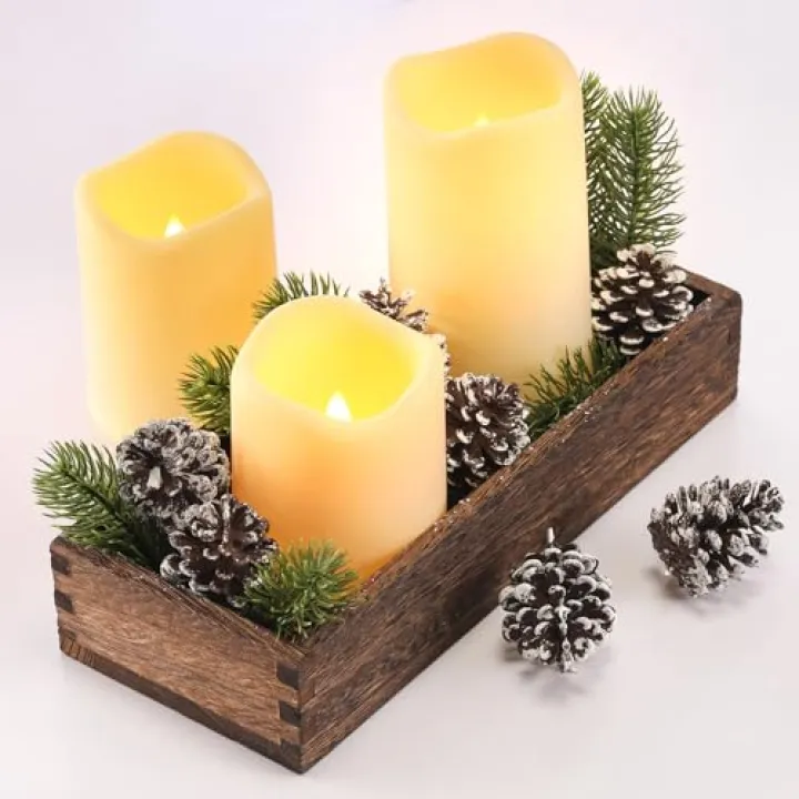 FairySandy 22 Pcs Christmas Centerpiece Arrangement Set, Rustic Wood Candle Tray with LED Candles Artificial Pine Cones Pine Needle for Xmas Holiday Table Decorations Dining Room Craft