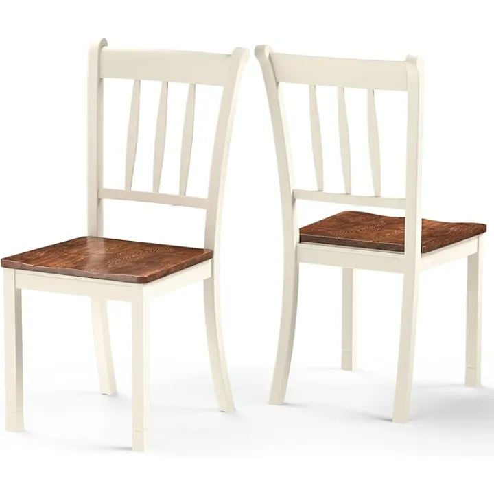 POWERSTONE Dining Chairs Set of 2, Wooden Dining Chair with W-Shaped Seat Kitchen Chairs for Kitchen and Dining Room (White)