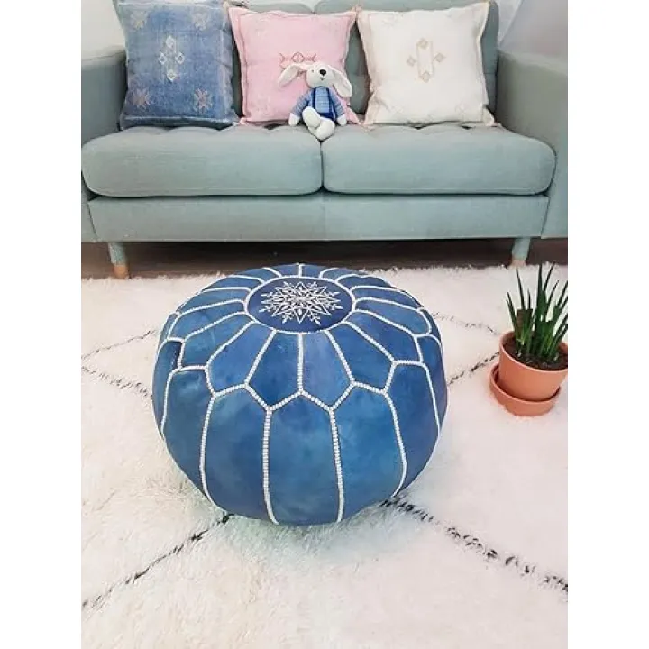 DELORM Blue Leather Moroccan Pouf, Natural Dye Blue, Ottoman Floor Pillow Cushion, Unstuffed