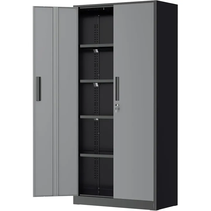Greenvelly Metal Garage Storage Cabinet, Tall Locking Storage Cabinet with 2 Doors and 4 Adjustable Shelves, Steel Tool Cabinet, Lockable Filling Cabinet for Home, Office, Garage, School (Gray White)