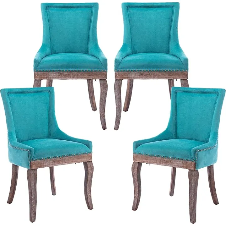 Dining Chairs Set of 4 Upholstered Mid Century Modern Fabric Side Dining Room Chairs Accent Kitchen Chair with Wood Legs Padded Seat Living Room Kitchen Dining Room Bedroom Blue
