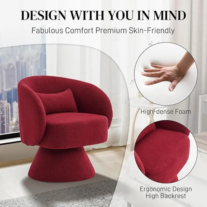 Swivel Barrel Chair Set of 2, Upholstered Swivel Cuddle Accent Sofa Chairs for Living Room, Comfy 360°Small Round Boucle Sherpa Barrel Armchair for Bedroom, Nursery (Red, Teddy)