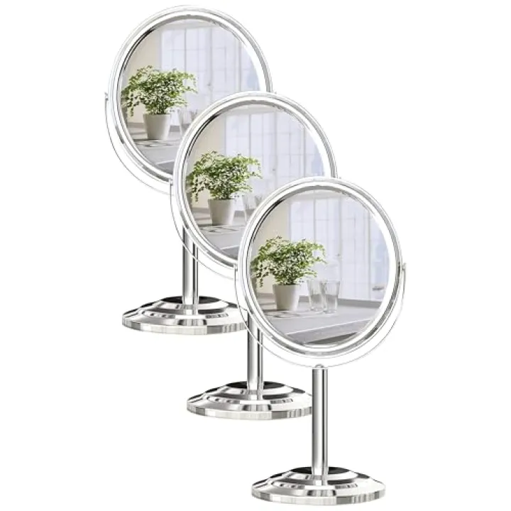 PINKZIO Tabletop Makeup Mirror, Two Sided 1X & 3X Magnifying Mirror, Magnified Vanity Mirror with 360 Degree Swivel for Bathroom or Bedroom, Chrome Finish, Silver (Pack of 3)