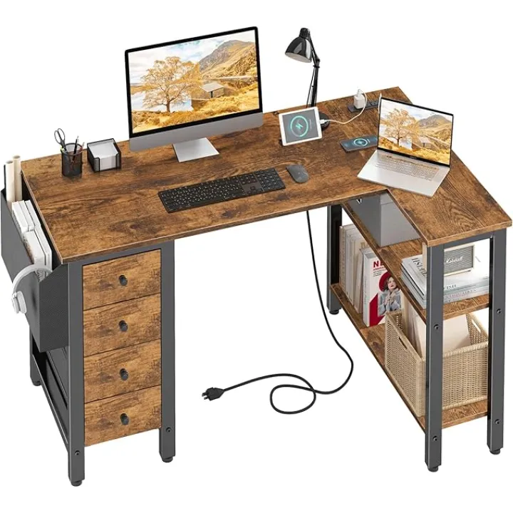 Lufeiya L Shaped Desk with Drawers & Storage Shelves, 47 Inch Small Reversible Corner Desk with Power Outlet for Home Office Bedroom, L-Shaped Gaming PC Computer Desks with Fabric Drawer, Rustic Brown