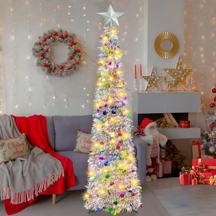 6FT Pop Up Christmas Tinsel Tree with 100 Multi-Color Lights - Collapsible Colorful Sequin Artificial Christmas Pencil Trees Decorations for Home Apartment Party Indoor Outdoor (Colorful Silver)