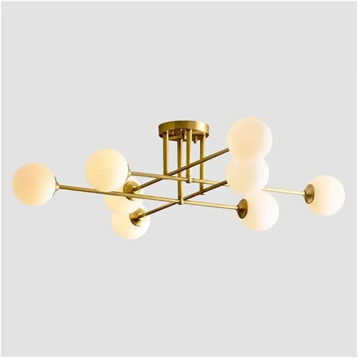 8-Lights Gold Mid Century Modern Sputnik Flush Mount Ceiling Light - Amber Glass Globe Sputnik Chandelier Vintage Semi Flush Mount Ceiling Light Fixture for Bedroom Ceiling Lamp ( Color : White-8 Ligh