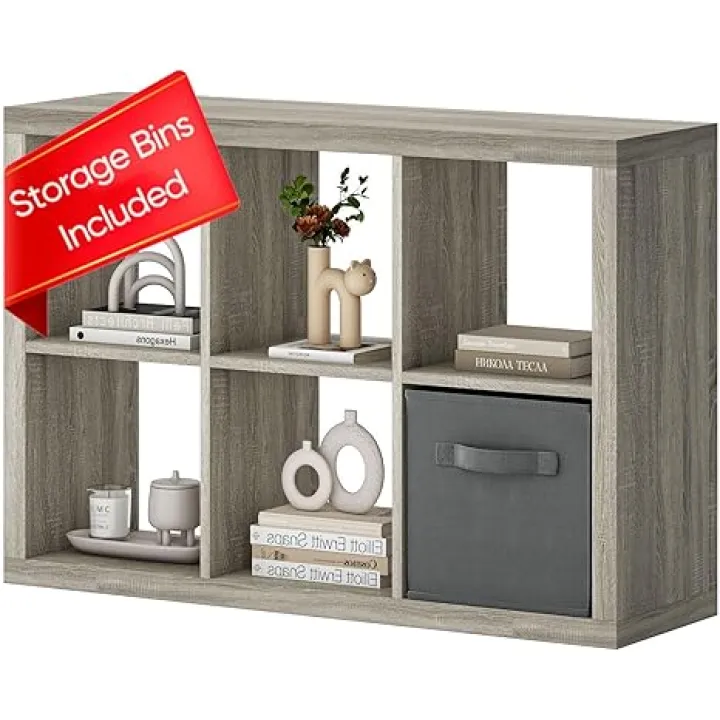 Bookshelf with Storage Bin, 6-Cube Storage Organizer, Modern Wood Open Bookcase, Multifunctional Display Shelf for Living Room, Bedroom, Home Office, Gray Oak