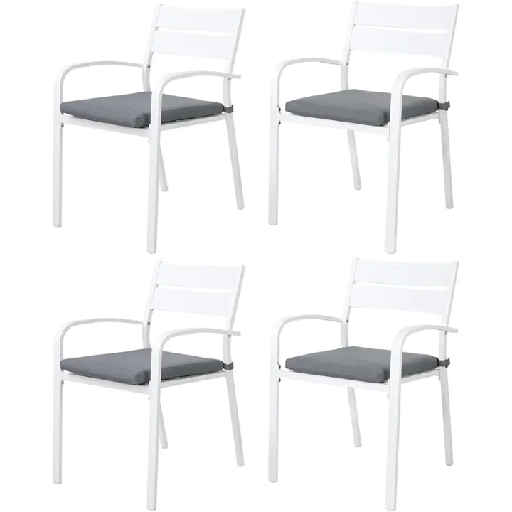 Soleil Jardin Outdoor Aluminum 4-Piece Patio Dining Chairs with Cushions, Stackable Bistro Chairs for Balcony, Garden, Backyard, White Finish & Grey Cushion