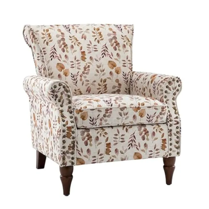 Yellow Color Stylish Living Room Accent Chair 31 in. D X 30 in. W X 32.5 in. H Size Floral Pattern Wooden Legs Thickened Sponge Seat | All Season Pretty Cream Shade Durable & Comfy