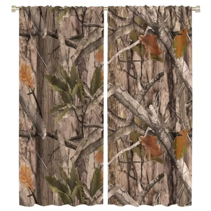 SHElifestyle Forest Camouflage Curtains, Forest Camo Trees Branches Green Brown Oak Leaves Hunting Lodge Camp Cabin Theme Window Treatments Drapes for Bedroom Living Room 42x45in