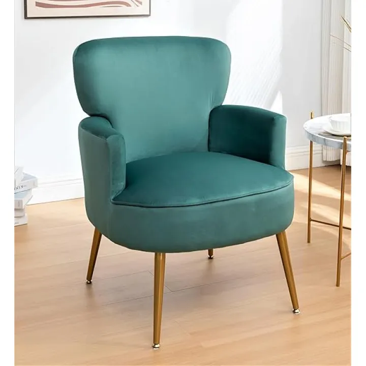 Trendy Velvet Accent Chair with Gold Metal Legs, Upholstered Armchair for Small to Mid-Size Spaces, Modern Living Room, Bedroom, Vanity Desk and Entryway, Mint Green