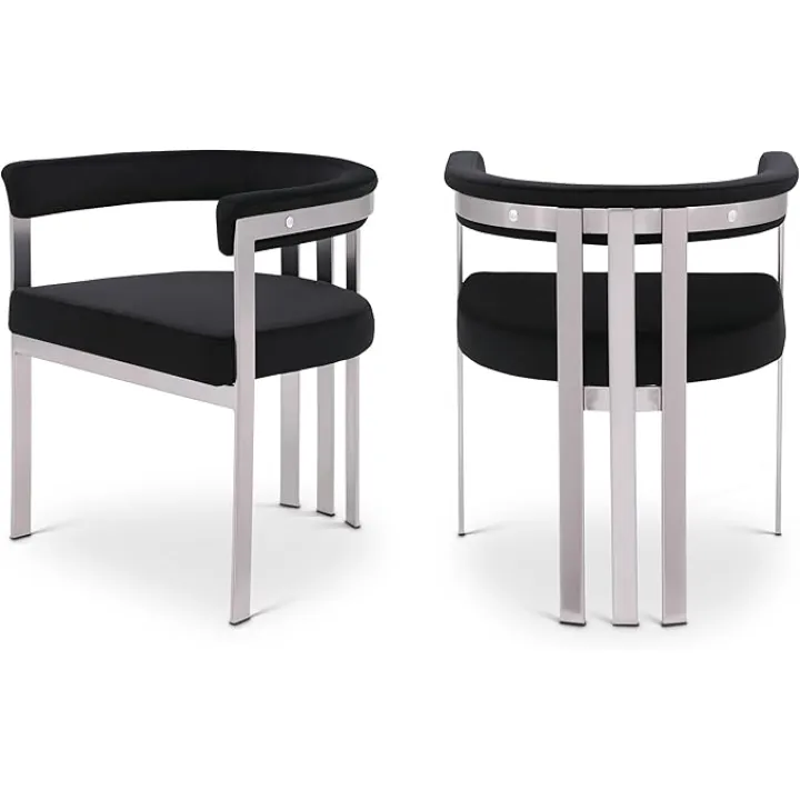 Meridian Furniture 938Black-C Marcello Collection Modern | Contemporary Dining Chair with Soft High End Black Colored Velvet, Brushed Chrome Iron Frame, 23.5" W x 21.5" D x 28" H, Black, Set of 2