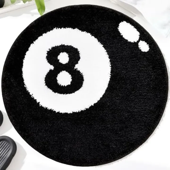 Panstar 24" Black and White 8 Ball Area Rug, Non Slip, Machine Washable, Y2K Room Decor