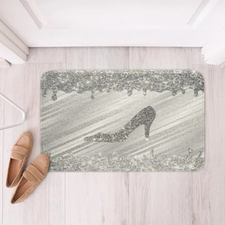 Feelyou Silver Glitter Print Bath Rugs 16"x24" Shoes Non Slip Bath Mat Diamond Print Shaggy Absorbent Floor Mat Pastel Decor Bathroom Rug Mat for Boys Girls Kids Adults(No Glitter)