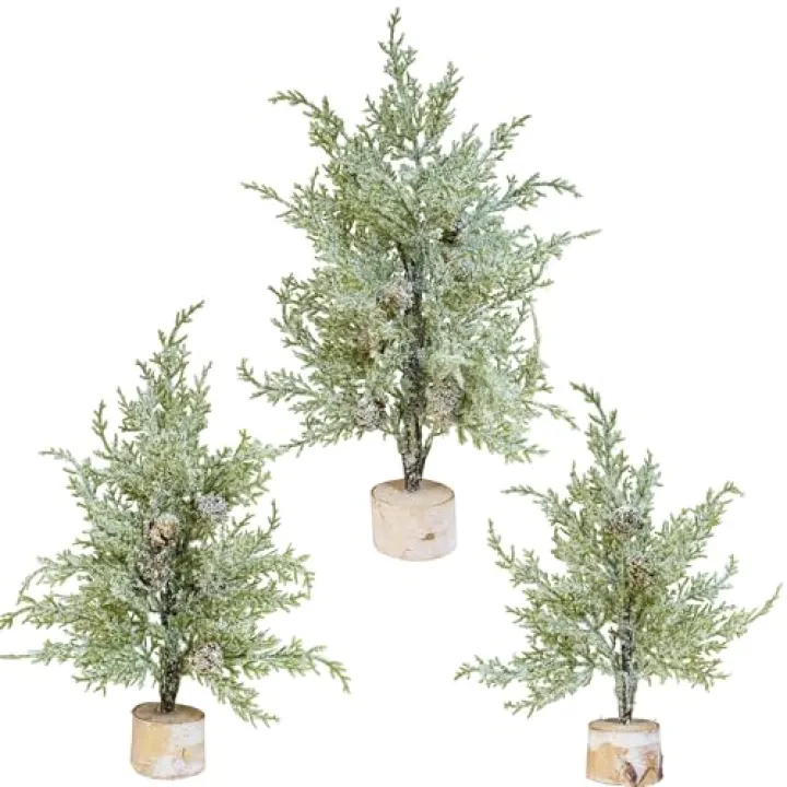 Winlyn 3 Pack Mini Artificial Cedar Trees with Pinecones and Wood Bases Small Tabletop Christmas Trees for Winter Rustic Farmhouse Christmas Holiday Seasonal Indoor Table Centerpiece Desk Decoration