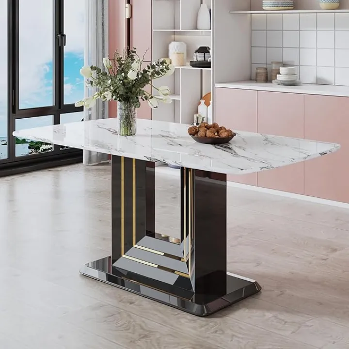 63 inch Marble Dining Table with Rectangular Marble Top &U-Shape Golden Lines Black Base Modern Rectangular Marble Kitchen Table for Kitchen Dining Room (White5)