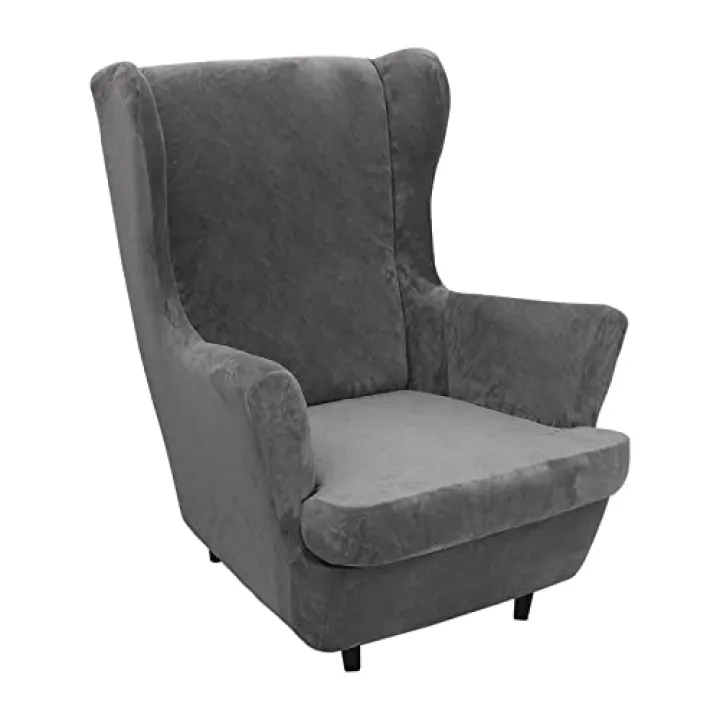 OOCCO Stretch Velvet Wing Chair Slipcover, Armchair Covers Soft Wing Chair Covers Armchair Slipcovers Anti-Slip Wingback Chair Covers Furniture Protector -Grey