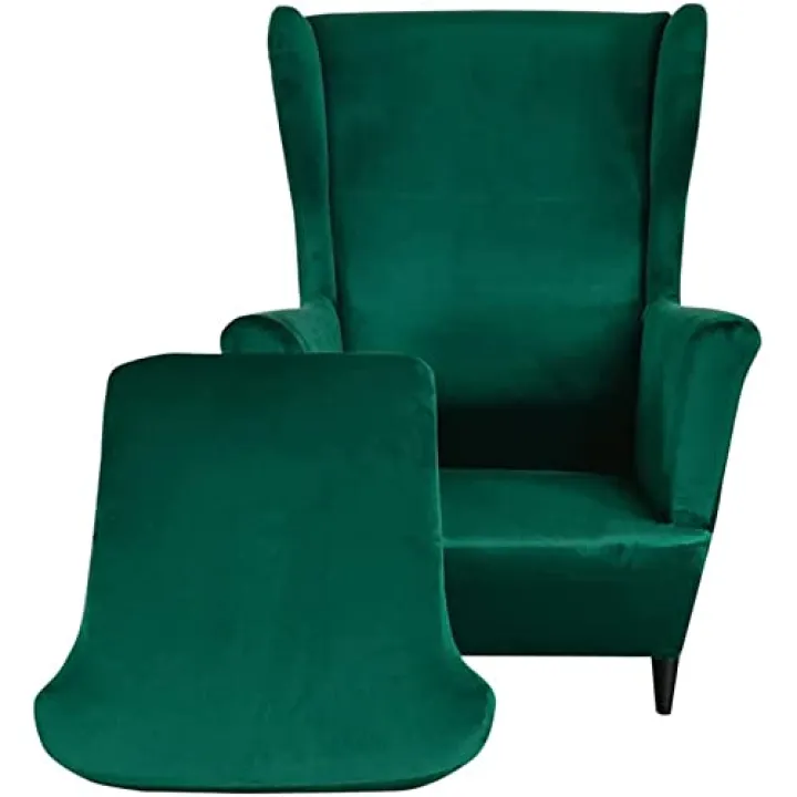 OOCCO Velvet Wing Chair Slipcover, Wing Chair Covers 2pcs Stretch Armchair Covers Solid Color Anti-Slip Armchair Slipcovers Soft Wingback Chair Covers Furniture Protector -Dark Green