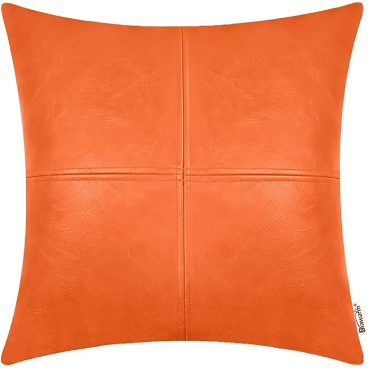 BRAWARM Faux Leather Throw Pillow Covers 16 X 16 Inches, Orange Leather Pillow Cover, Hand Stitched Leather Decorative Pillow Cover for Couch Sofa Bed Living Room Home Garden